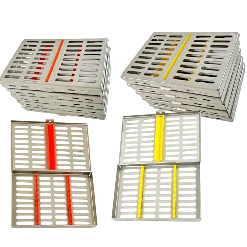 Lot of 10 Sterilization Cassette Boxes 7in x 5.5in x 1.25in, with 10-Slot Silicone Inserts, Orange + Yellow - Heavy Duty German Stainless Steel
