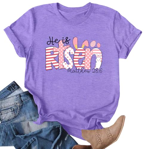 Image of Ithalt Easter Shirts for Women He is Risen Tshirt Easter Christian T-Shirt Jesus Lover Short Sleeve Tops