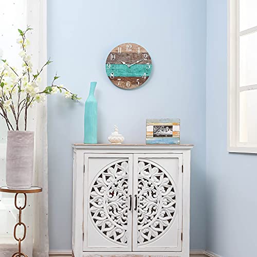 NIKKY HOME 14" Rustic Beach Themed Coastal Round Wall Clock Battery Operated Silent Spliced Wood Design Non-Ticking Farmhouse Wooden Clock for Nautical Bathroom, Kitchen, Living Room, Bedroom - Image 2
