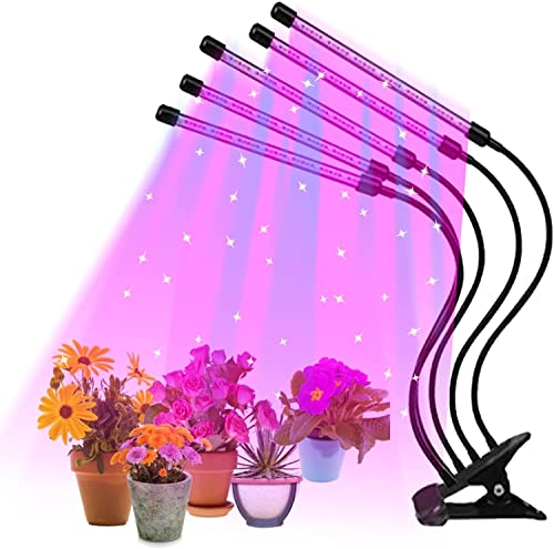Lampes de culture pour plantes d'intérieur, 5 têtes LED Grow Light, lampe à clip rouge et bleu à spectre complet, col de cygne 3/9/12H minuterie 9 niveaux à intensité variable pour plantes succulent