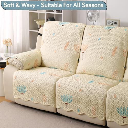 Image of HOKIPO FloraWave Quilted Recliner Cover Mat for 3 Seater, Beige Garden