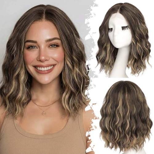 Image of Eawwii Ash Brown with Blonde Highlights Short Wavy Wig for Women Lace Hairline Bob Style Synthetic Heat Resistant - Natural Appearance for Everyday Hairstyle 14 Inch
