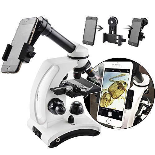 Solomark Compound Student Monocular Microscope with Smartphone Adapter, 40X - 800X All Metal Optical Glass Lenses with Microscope Prepared, Blank Slides and Black Storage Bag