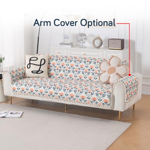 Image of HOKIPO Folk Garden Quilted Sofa Cover 5 Seater Set - Washable 3+1+1 Sofa Cover for Seat & Back with Tassel Design | 'Tassel Twigs' Series (IN-991-T9 + IN-989-T9)