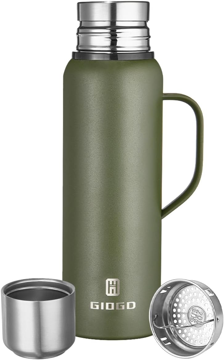 Insulated Vacuum Thermo Bottle 750ml/25.4oz with Cup Stainless Steel Coffee Bottles for Hot and Cold Drink Water Flask.(Green, with Handle, 750ml)