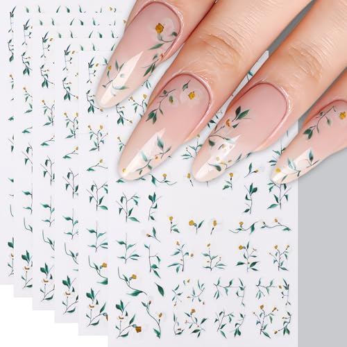 6 Sheets Flower Nail Stickers 3D Self Adhesive Spring Summer Flower Leaf Nail Art Decals White Flower Green Leaf Nail Design White Floral Nail Supplies for Women Nail Decorations Nail Accessories