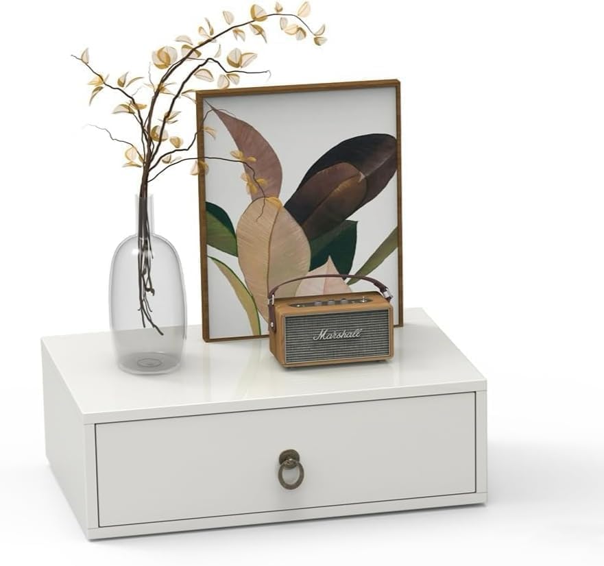 LEADZM Nachttisch Hängend,Wandregal mit 1 Schublade Nachtschrank Wandmontage für Schlafzimmer,Wohnzimmer, 46x30x14,5cm (1, Weiße)