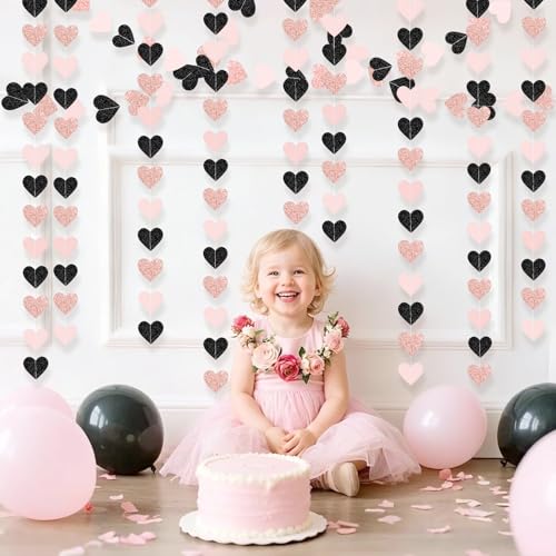 Image of Rose-Gold Black Pink Party-Decorations Heart Streamers Garland - 39FT Baby Girls Shower Hanging Paper Banner Christmas Wedding Engagement Bachelorette Bridal Shower Backdrop Valentines Decor