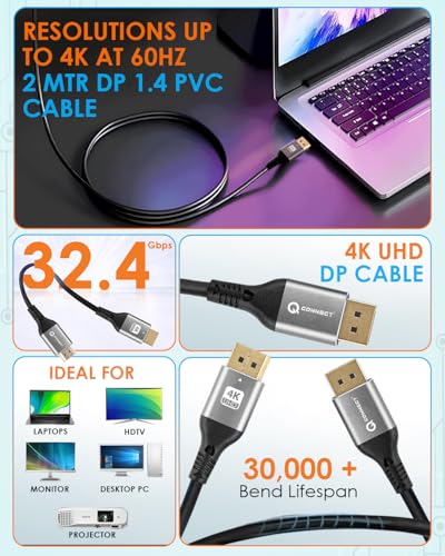 Image of Q- CONNECT 4K DP to DP 1.4 version 2Mtr Cable UHD 4K@60Hz,2K@240Hz,1080@240Hz with 32.4 GBPS Transmission Speed Compatible For Laptop,Pc,Gaming Monitor,Graphics Card,Play station (2 year warranty)