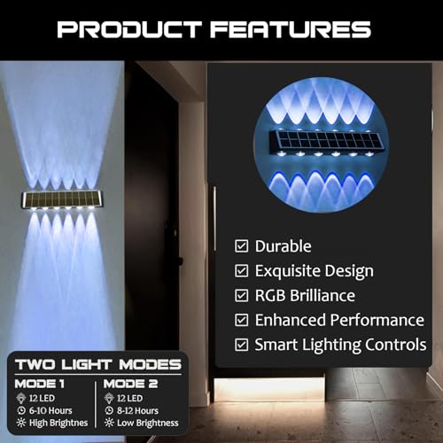 Image of Gigawatts 12 LED Solar Wall Light On /Off Botton & 2.4Ah Battery Water Resistant Decor Deck Fence Lights Flood Lamp for Home Garden Terrace Patio (Set of 1, RGB)