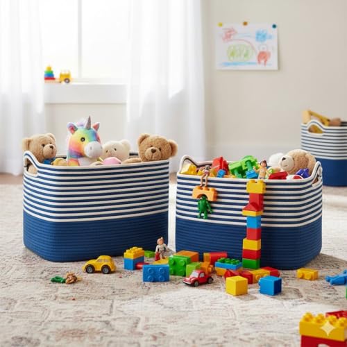 Image of Large Storage Basket, Woven Blanket Basket, Toy Basket with Handle, Laundry Hamper for Living Room, Nursery, Bedroom- 20x15x12 (LXWXH) (blue mix)