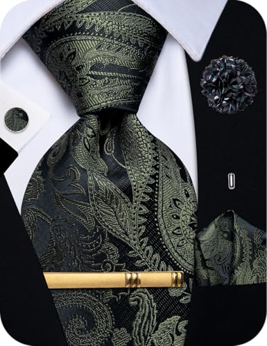 Image of YourTies Silk Paisley Floral Tie and Pocket Square Cufflinks with Lapel Pin Sets for Men 5PC Wedding Party