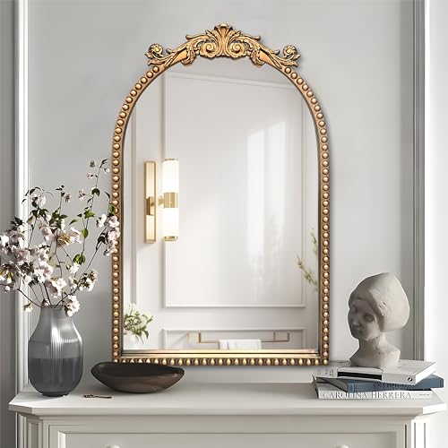BAODANFU Baroque Arched Vanity Mirror for Narrow Bathroom, 20' X 30' Antique Gold Ornate Beaded Frame Decorative Accent Wall Mirrors for Washroom, Entryway, Living Room, Bedroom