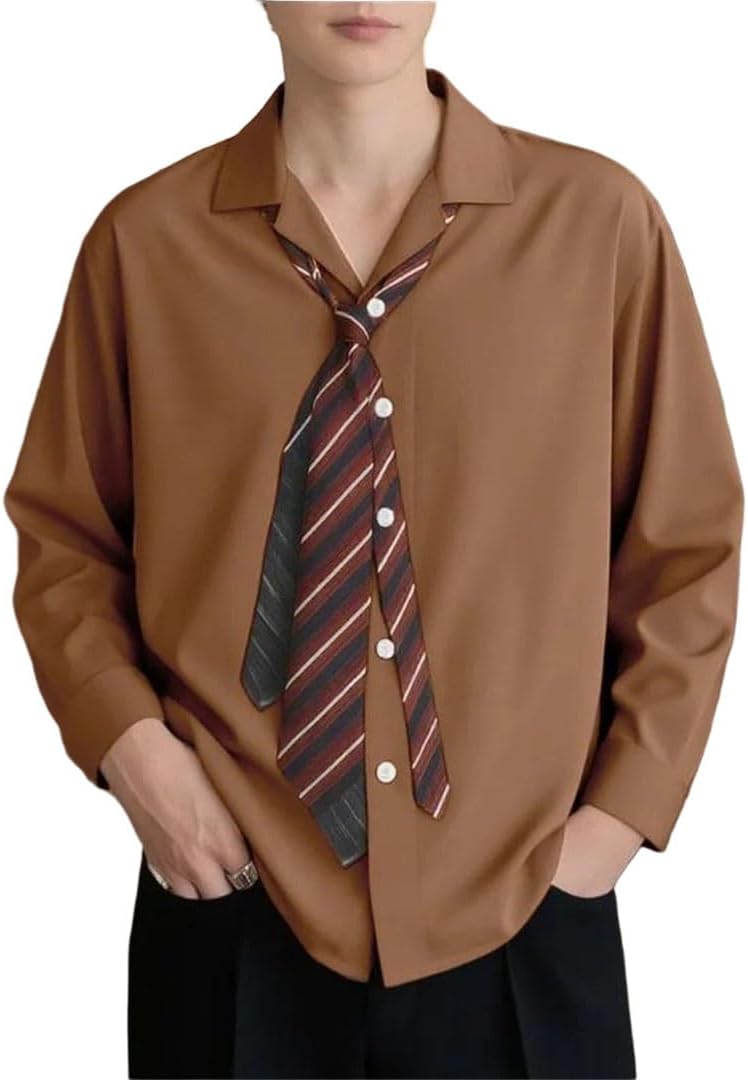 Men Spring Printing Patchwork Lapel Long Sleeve Button-Down Shirt with Tie Detail Loose Top