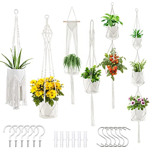 SFENNGPET Macrame Plant Hangers, 6Pack Hanging Planters for Indoor Plants w/ 6 Set...