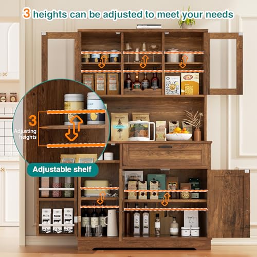 Image of Vongrasig Kitchen Pantry Cabinet, Tall Farmhouse Storage Cabinet, Brown | Freestanding Hutch with Adjustable Shelves and Doors, Large Food Cabinet with Microwave Stand for Kitchen, Dining Room