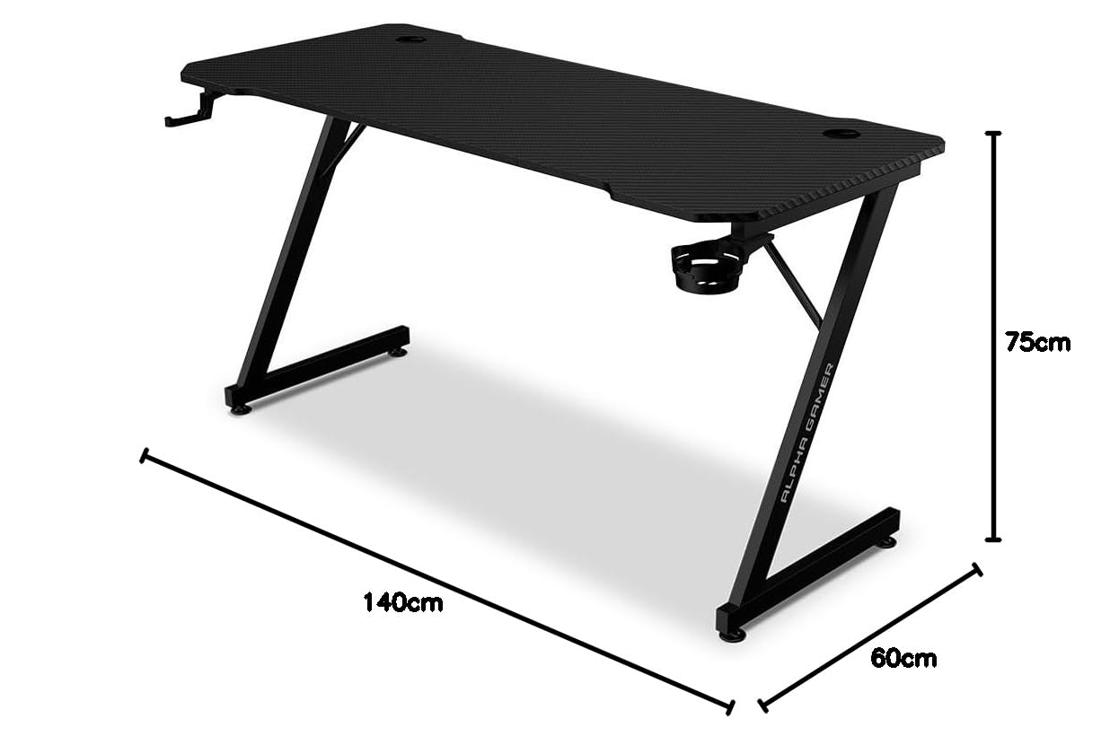 Alpha Gamer Gemina Black 140x60 cm – Escritorio Gamer con Soporte Auriculares, Portavasos, Gestión de Cables, Tapa Textura Carbono, Patas Ajustables – Negro