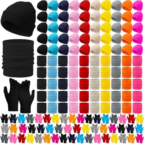 Image of JaGely 150 Pcs Kids Winter Beanies Gloves Scarf Bulk Knit Hat Stretchy Full Fingers Gloves Scarves for Boys Girls (Elegant)