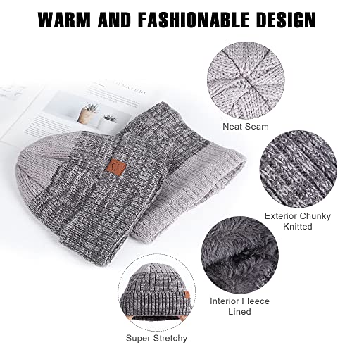 Totoose Winter Knit Beanie Hat Scarf: Warm Cable Fleece Lined Skull Cap Neck Warmer Scarf Set Unisex - Men Women Thick Ribbed Cuffed Lining Hats Soft Chunky Grey Beanies #TOP5