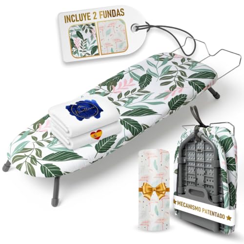 Homellence Tabla de Planchar Plegable Pequeña de Mesa   Tabla de Planchar Sobremesa con 2 Fundas Premium con Mecanismo Patentado para Mayor Estabilidad   Ahorra Espacio en Casa y Viajes (Verde)