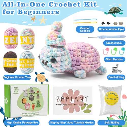 Image of Zepiany Crochet Kit for Beginners, Amigurumi Beginner Crochet Kit for Adults, Crochet Turtle Crocheting Kit, Cute Crochet Animals Knitting Kit with Step-by-Step Video, Crafts Kits for Adults