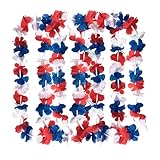 Podzly - 50 Piece Patriotic Plastic Red, Blue, and White Flower Leis - Perfect for Fourth of July, Memorial Day & Parade Decorations - Ideal as Necklaces,Theme Float Decorations & Theme Accessories