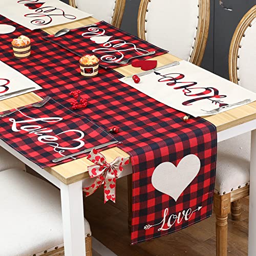 Irenare 7 Pieces Valentine‘s Day Love Hearts Table Runner Placemats, Seasonal Kitchen Dining Table Decoration for Valentines Holiday Indoor Home Party(Love Style)