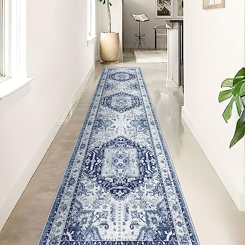 Madane Hallway Washable Runner Rug - 2x10 Kitchen Rugs Entryway Rug Runner Vintage Soft Floor Mat Non Slip Indoor Farmhouse Carpet for Bathroom Living Room Bedroom (2 X 10, Navy/White)