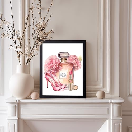 Image of Poster Master Pink Designer Print - Fashion Poster - Shoes, Lipstick & Perfume Art - Chic Gift for Women & Fashionista - Glam Decor for Bedroom or Girl's Room - 11x14 Black Framed