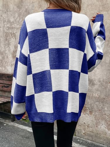 Image of SHENHE Women's Checkered Color Block Oversized Sweater Plaid Crew Neck Drop Shoulder Pullovers