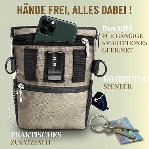 GIZZY® DAS ORIGINAL | Leckerlitasche für Hunde + REGENHAUBE | Leckerlibeutel für Hunde mit praktischer Einhand-Öffnung | Hunde Leckerlitasche für Training & Welpenerziehung | Gassi Tasche Hund [Beige]