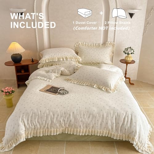Image of VM VOUGEMARKET Flower Duvet Cover Set Queen Romantic Ruffles Lace Bedding Set Soft Muslin Cotton,Breathable Linen Like Gauze Comforter Cover with Zipper Closure 90 inchx90 inch