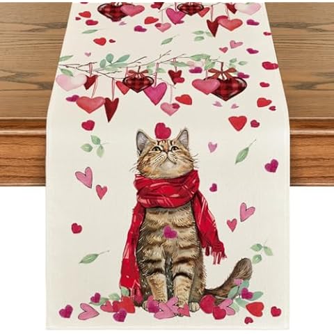 Artoid Mode Hearts Leaves Cat Table Runner Cover