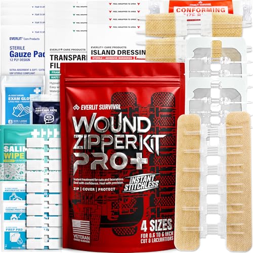 Image of EVERLIT Wound Closure Kit | Surgical Zip-Stitch Devices for Cut & Laceration | Sterile, Suture-Free, Stitch-Less Adhesive Butterfly Bandages for Emergency First Aid Wound Care (Ultimate Pro+ Kit)