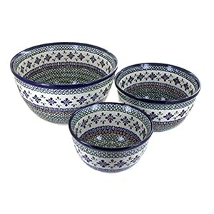 Blue Rose Polish Pottery Mosaic Flower Mixing Bowl Set