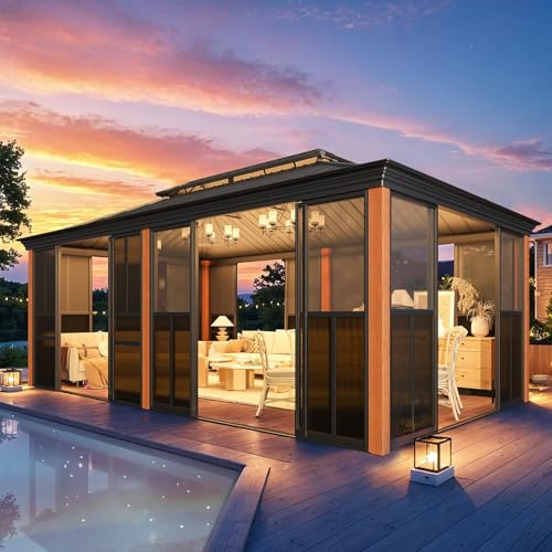 EROMMY 12x20 Large Wood Grain Sunroom Gazebo, Fully Enclosed Outdoor Patio Sunroom with Sliding Doors, Galvanized Steel Double Roof Hardtop Gazebo, Aluminum Frame Wood Look Solarium