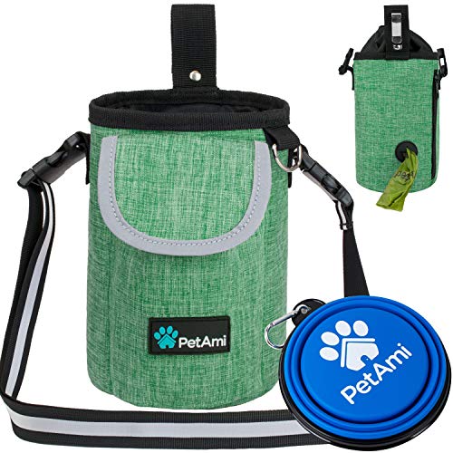PetAmi Dog Treat Pouch with Large Front Pocket | Dog Training Pouch Bag with Waist Shoulder Strap, Poop Bag Dispenser, Collapsible Bowl | Training Bag for Kibbles, Pet Toys | 3 Ways to Wear (Green)