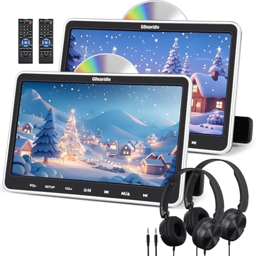 GOnavidio Reproductor de DVD de 10,5 pulgadas para coche, 2 pantallas, reproductor de DVD portátil con entrada HDMI, disco de carga de ranura, 2 auriculares y soporte para reposacabezas, soporta