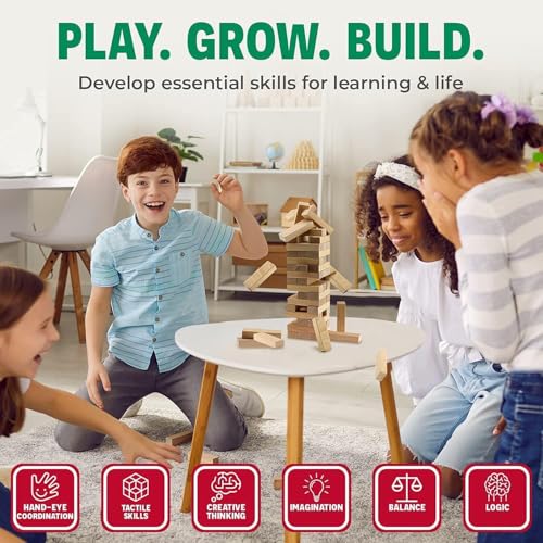 Image of PLUSPOINT Tumble Tower Game for All Age Group, 51 Wood Blocks, Stacking Game for Adults, Large Size, Tumbling Fun Games for Kids, Adults & Family, Wooden Tumble Tower