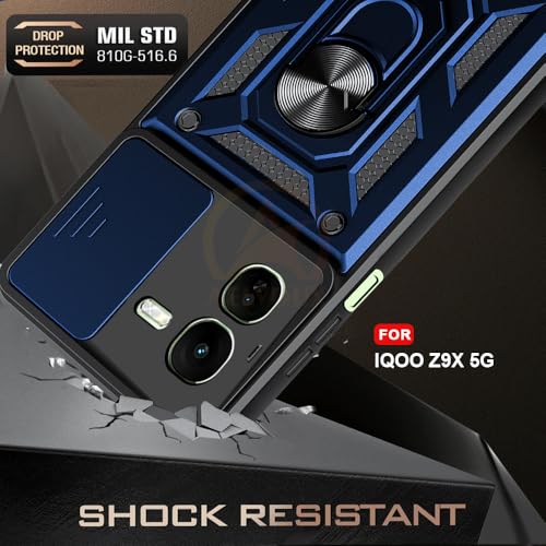 Image of Armor Bumper Back Cover Case for IQOO Z9X Rotating Camera Cover, Ring Holder & Kickstand | Heavy Duty & 360 Degree Protection IQOO Z9X Back Cover (Blue)