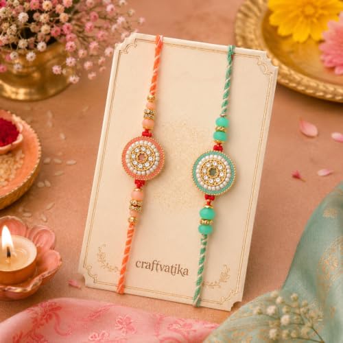 Image of CraftVatika Kundan Rakhi Set for Brother Set of 2, Designer Peacock Rakhi for Brother Boy Men, Premium Kalash Raki for Bhaiya, Traditional Rakshabandhan Rakhis with Best Wishes Card and Tillak Set