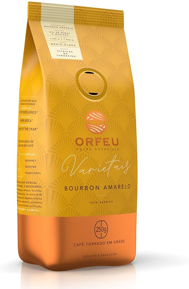 Orfeu Café Bourbon Amarelo em Grãos, 100% Arabica, Torra Média Clara 250g | 100% Arábica, Torrado em Grãos, Certificação de Origem, Cup of
