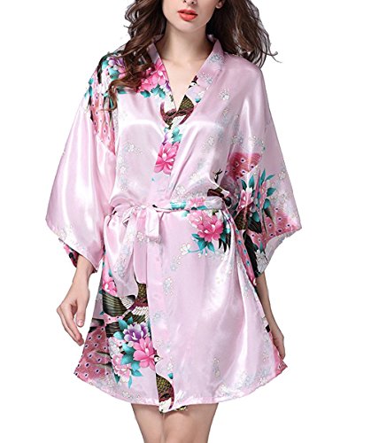 Mobarta Women's Kimono Robe Short Satin Robe Peacock Sleepwear Floral Bathrobe Bridesmaid Robes for Wedding Party