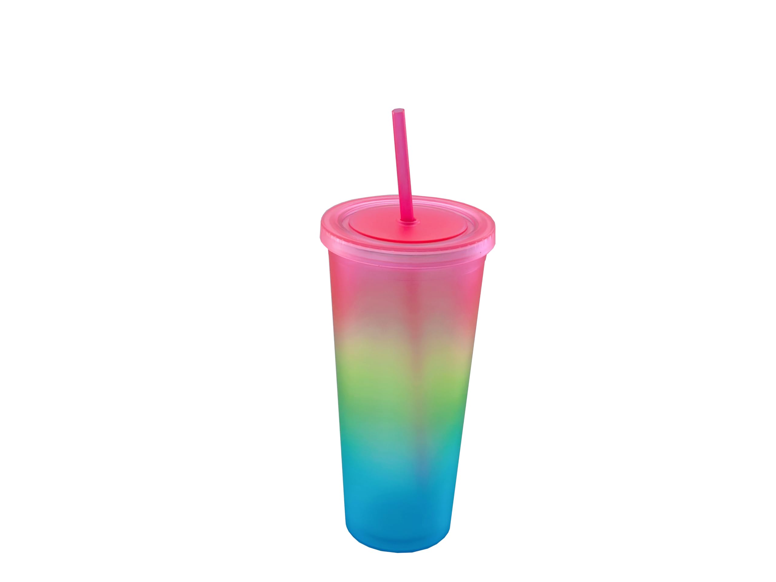 LINDACA 24oz/710ml Double Wall Gradient Colour Reusable Plastic Cup with Lid and Straw (Pink), Large
