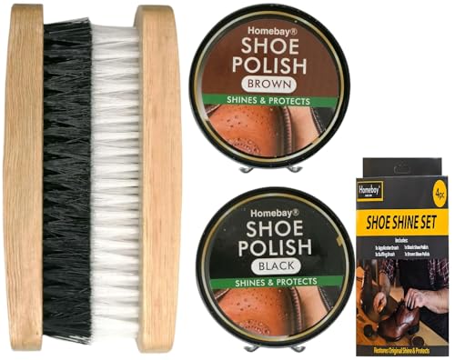 4pc Shoe Brush & Wax Polish Set (Black & Brown) | Traditional Leather Shine Shoe Polish Kit Boot Polish Brush Kit - Includes Applicator Shoe Brush, Buffing Brush, Black & Brown Polish