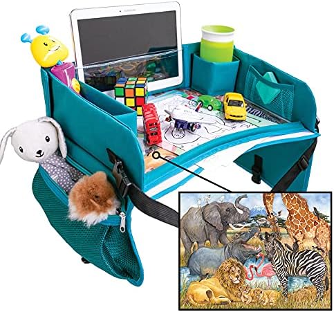 Travel Tykes Kids Travel Tray - Dry Erase Surface w/Creative Inserts, Toddler Car Seat Lap Activity Desk, Storage for Toys, Snacks, Cup, Ipad, &Tablet, Custom Art w/African Animals Scene