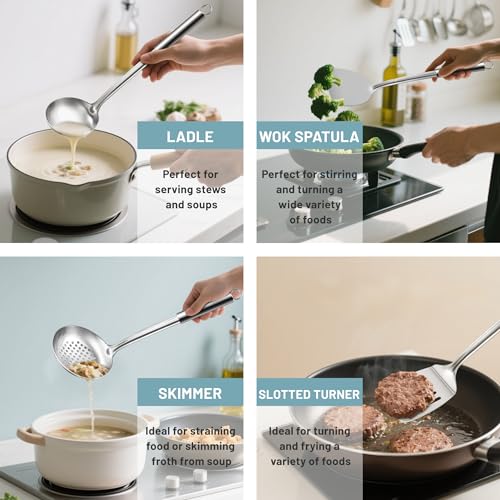 Pleafind Utensilios de cocina acero inoxidable, 9 piezas, con Cucharones de cocina, Espumadera, Espátula, Espátula ranurada, Varillas Cocina, Cuchara para Pasta, Machacador de Patatas, Pinzas Cocina - imagen 5