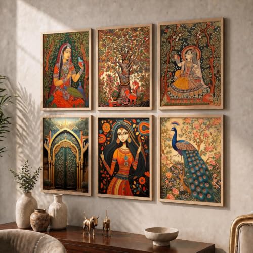 Image of kotart Premium Digital Madhubani Art Paintings with Frame for Home Decor - Framed Painting for Living Room Bedroom Office Room Decor - Painting for Wall Decoration - Pack of 6 (13X17, A)