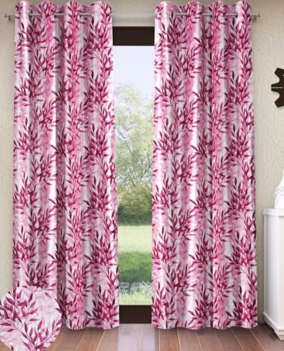Image of Home Sizzler 2 Pieces Floral Flow Grommet Polyester Window Curtain - 5 Feet, Berry Pink