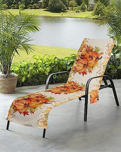Fall Pumpkins Beach Chair Towel Covers for Chaise Lounge with Side Pocket, Soft Plush Pool Towels Cover for Patio Sunbathing Outdoor 29''x85'' Thanksgiving Autumn Retro Eucalyptus Leaves